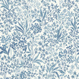 Nocturne blue and white botanical floral wallpaper by Boråstapeter for Schumacher, shown in a bedroom interior and close-up pattern view.