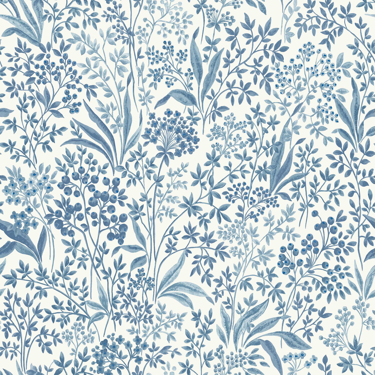 Nocturne blue and white botanical floral wallpaper by Boråstapeter for Schumacher, shown in a bedroom interior and close-up pattern view.