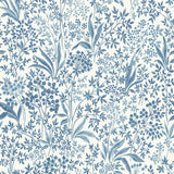 Nocturne blue and white botanical floral wallpaper by Boråstapeter for Schumacher, shown in a bedroom interior and close-up pattern view.