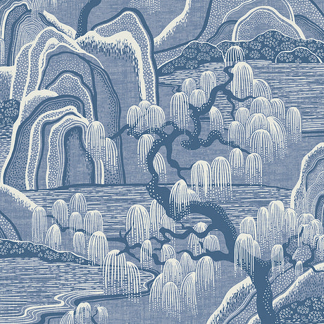 Indigo Garden wallpaper by Boråstapeter for Schumacher, featuring blue and white rolling hills, willow trees, and water in a scenic landscape.