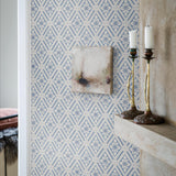 Ester Blue and White Diamond Trellis Wallpaper by Boråstapeter – Schumacher 6148
