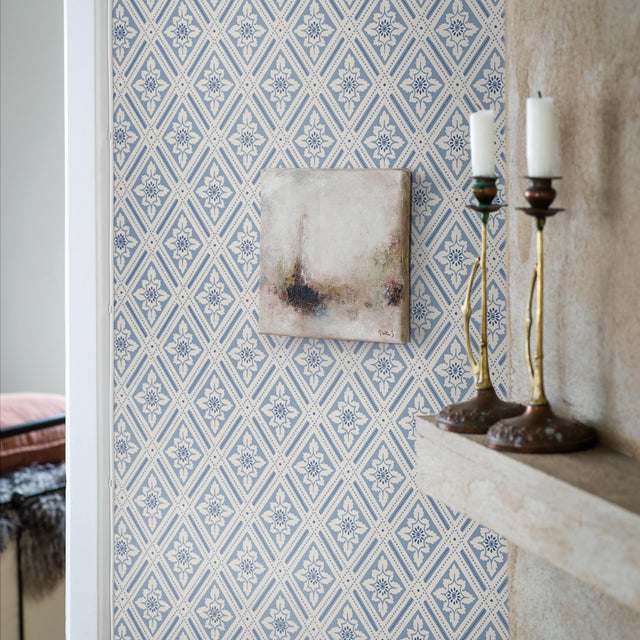 Ester Blue and White Diamond Trellis Wallpaper by Boråstapeter – Schumacher 6148