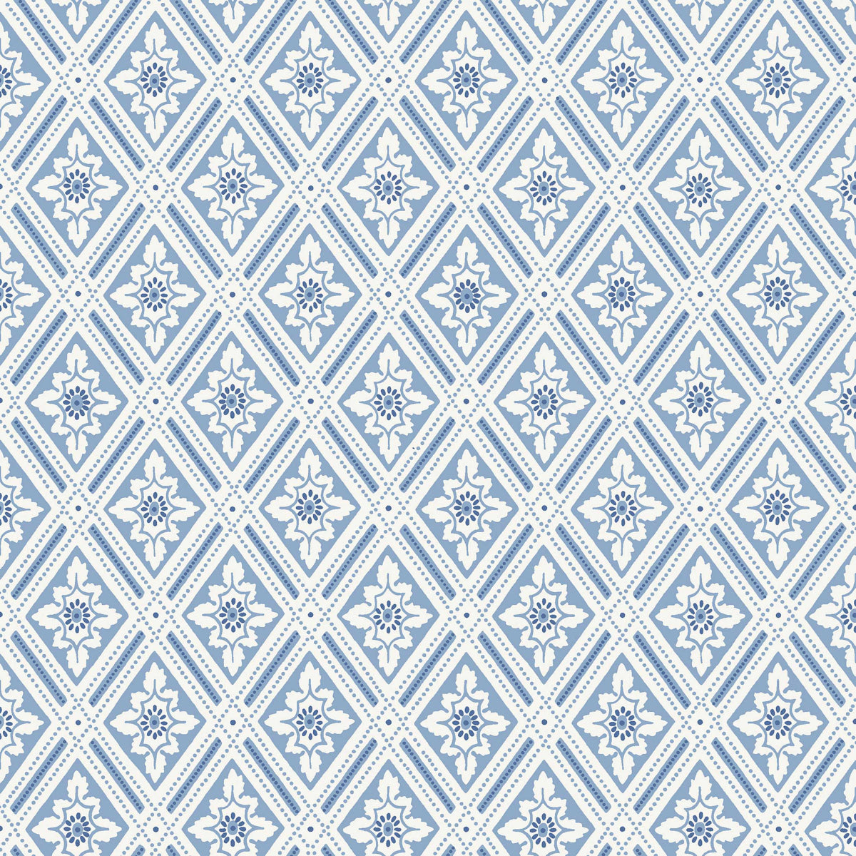 Ester blue and white diamond trellis wallpaper by Boråstapeter for Schumacher, stylized leaves and dots pattern
