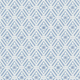 Ester blue and white diamond trellis wallpaper by Boråstapeter for Schumacher, stylized leaves and dots pattern