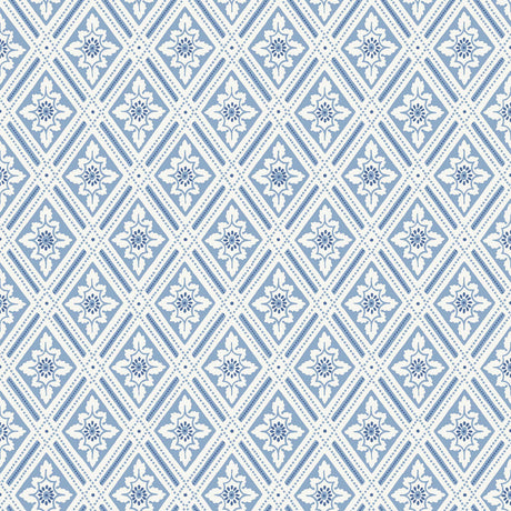 Ester blue and white diamond trellis wallpaper by Boråstapeter for Schumacher, stylized leaves and dots pattern