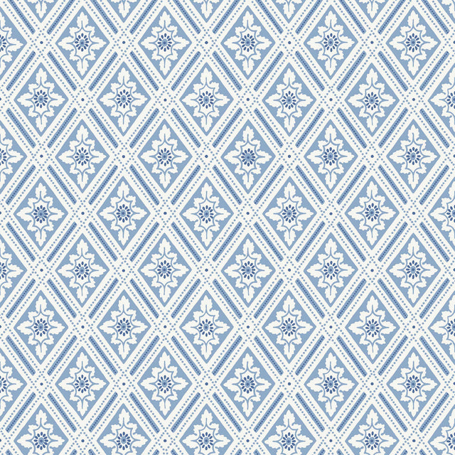 Ester blue and white diamond trellis wallpaper by Boråstapeter for Schumacher, stylized leaves and dots pattern
