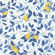 Citronträd wallpaper by Boråstapeter for Schumacher, featuring blue and yellow lemon tree branches and butterflies in an Arts and Crafts style.