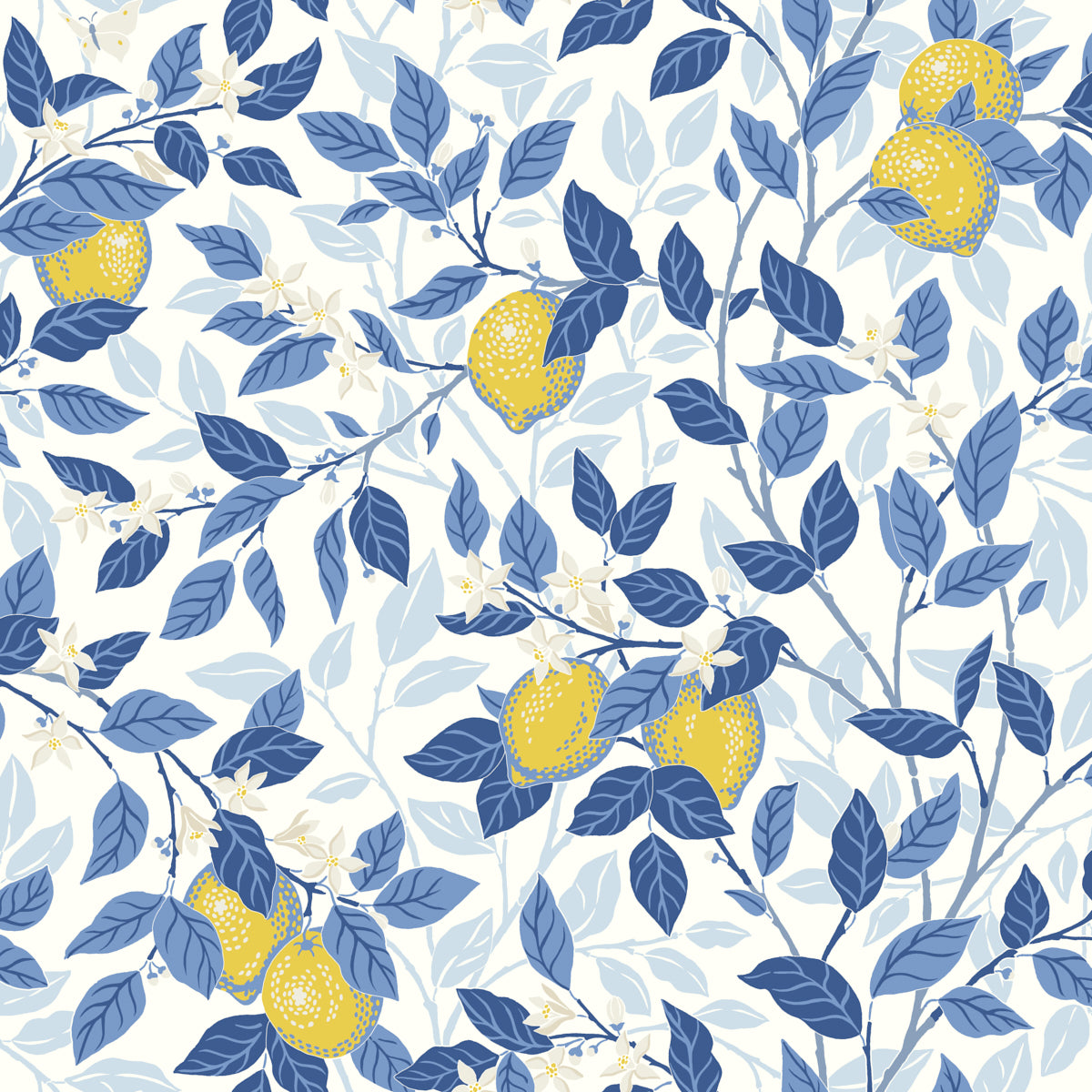 Citronträd wallpaper by Boråstapeter for Schumacher, featuring blue and yellow lemon tree branches and butterflies in an Arts and Crafts style.