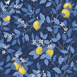Citrontrad wallpaper by Boråstapeter for Schumacher, featuring a midnight blue background with yellow lemons, blue leaves, and white flowers in an Arts and Crafts style.