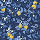 Citrontrad wallpaper by Boråstapeter for Schumacher, featuring a midnight blue background with yellow lemons, blue leaves, and white flowers in an Arts and Crafts style.