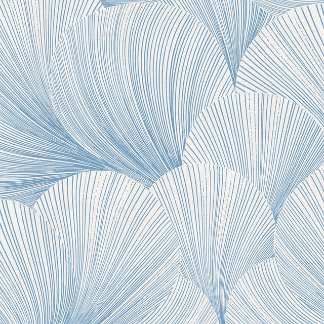Mirage wallpaper by Boråstapeter for Schumacher in blue and white, featuring abstract fanlike lines.