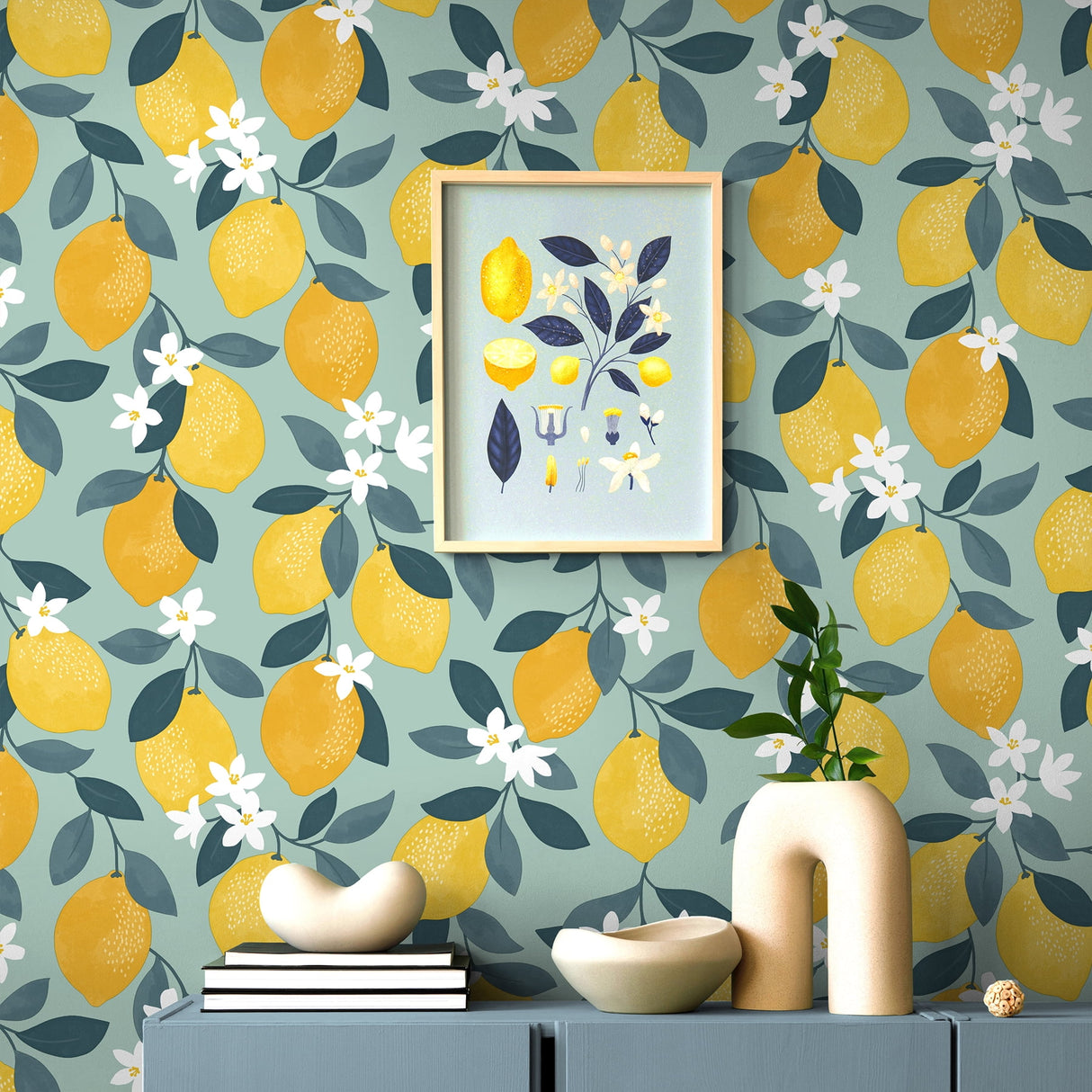 Inigo Sicily Fruits Seafoam by Fine Decor Botanical Fruit Wallpaper – Brewster Home Fashions FD43837