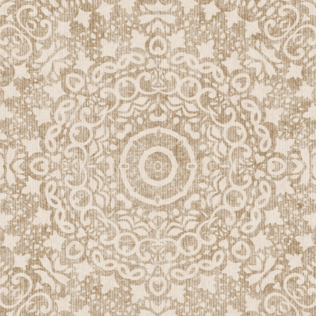 Origin natural-colored wallcovering by Boråstapeter for Schumacher, featuring swirling medallion motifs in an earthy print.