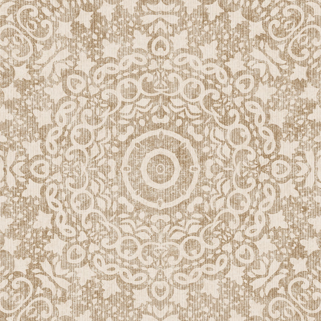 Origin natural-colored wallcovering by Boråstapeter for Schumacher, featuring swirling medallion motifs in an earthy print.