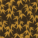 Bamboo Garden wallpaper in brown and gold by Boråstapeter for Schumacher, botanical bamboo leaf pattern on a dark background.