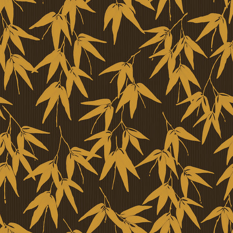 Bamboo Garden wallpaper in brown and gold by Boråstapeter for Schumacher, botanical bamboo leaf pattern on a dark background.