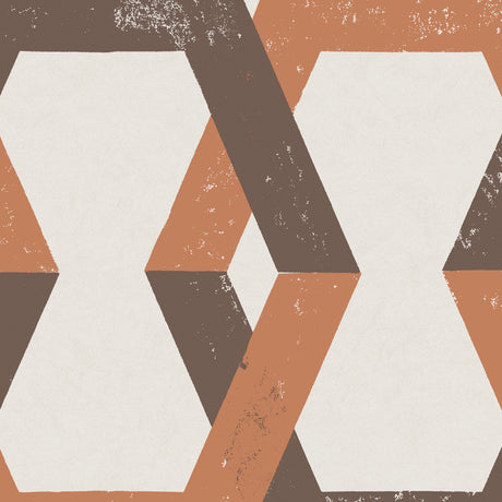 Tribe wallpaper by Boråstapeter for Schumacher, featuring bold interlocking brown and tan hexagons in a graphic geometric pattern.