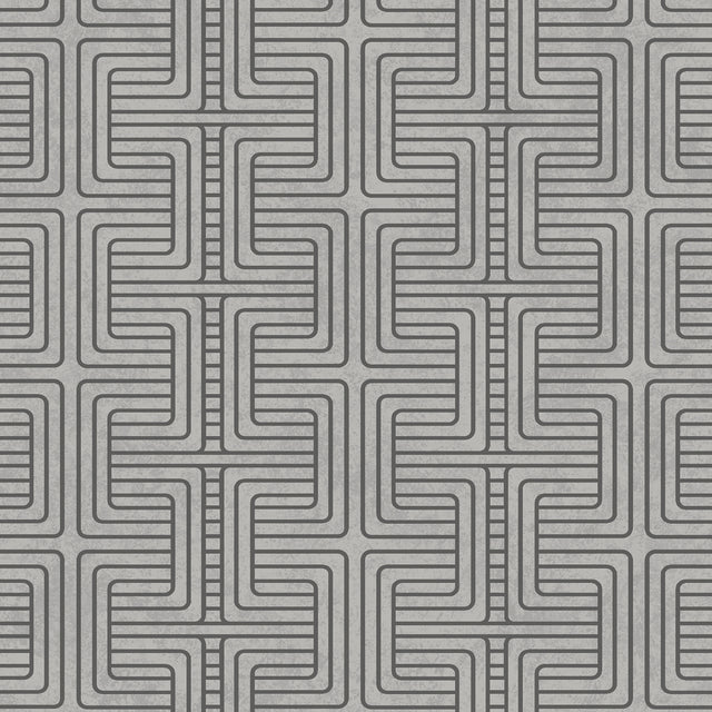 Geo Tribe wallpaper in pewter by Boråstapeter for Schumacher, featuring a mazelike geometric pattern in grey tones.