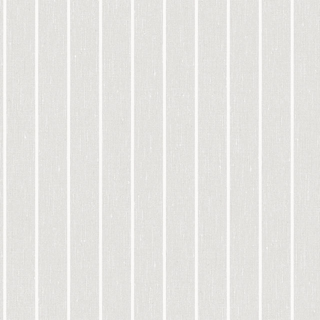 Shirt Stripe grey wallpaper by Boråstapeter for Schumacher, classic vertical stripe pattern, shown in room and close-up.