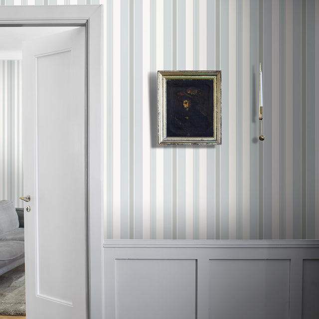 Stockholm Stripe Sky and Silver by Boråstapeter Classic Scandinavian Stripe Wallpaper – Schumacher 6878