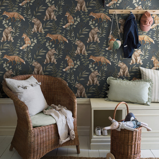 Wild Forest Midnight by Boråstapeter Nordic Forest Animal Wallpaper – Schumacher 6920