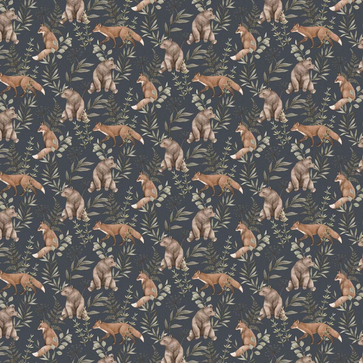 Wild Forest wallpaper by Boråstapeter for Schumacher featuring hand-painted bears and foxes on a midnight blue background.