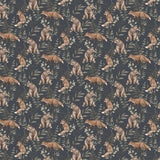 Wild Forest wallpaper by Boråstapeter for Schumacher featuring hand-painted bears and foxes on a midnight blue background.