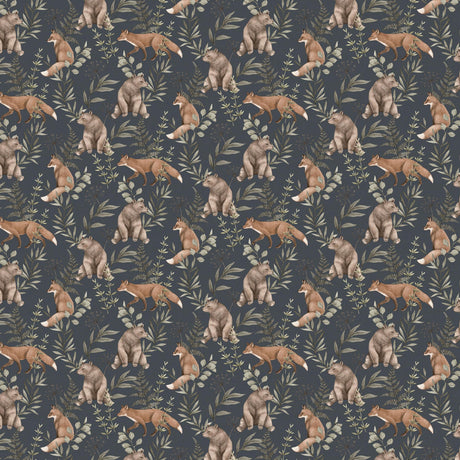Wild Forest wallpaper by Boråstapeter for Schumacher featuring hand-painted bears and foxes on a midnight blue background.