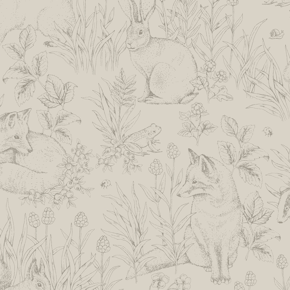Forest Friends wallpaper in Stone by Boråstapeter for Schumacher, featuring woodland animals and flora in a detailed, airy design.