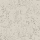 Forest Friends wallpaper in Stone by Boråstapeter for Schumacher, featuring woodland animals and flora in a detailed, airy design.