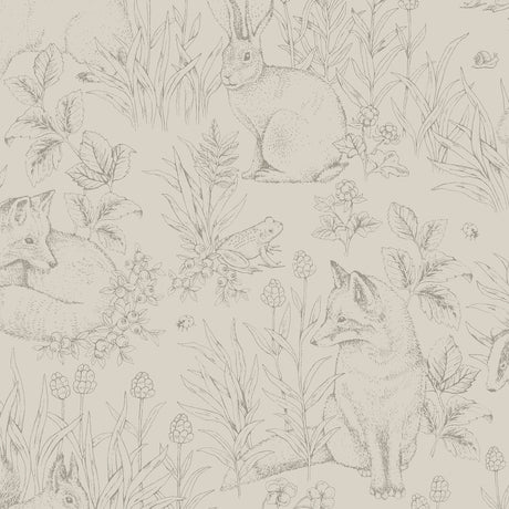 Forest Friends wallpaper in Stone by Boråstapeter for Schumacher, featuring woodland animals and flora in a detailed, airy design.