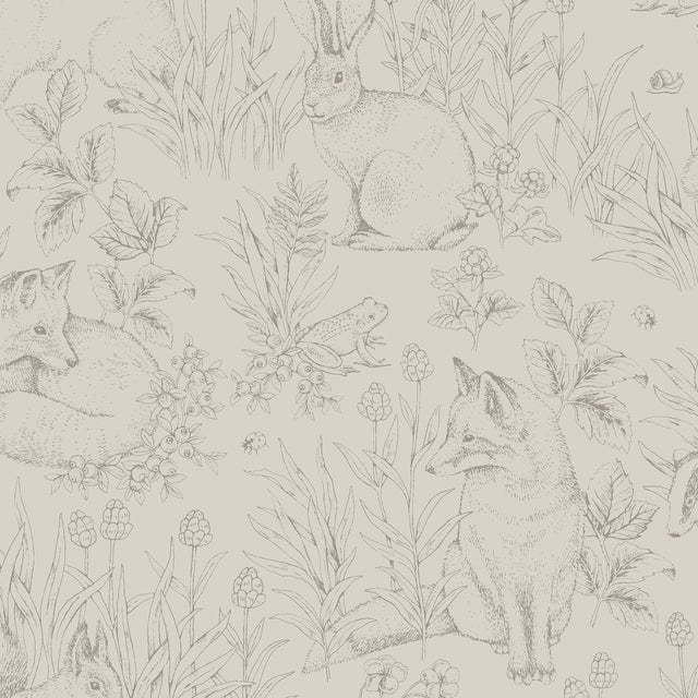 Forest Friends wallpaper in Stone by Boråstapeter for Schumacher, featuring woodland animals and flora in a detailed, airy design.