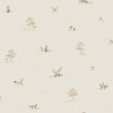 Little Fox wallpaper by Boråstapeter for Schumacher, featuring soft neutral forest vignettes and foxes, perfect for children's rooms.