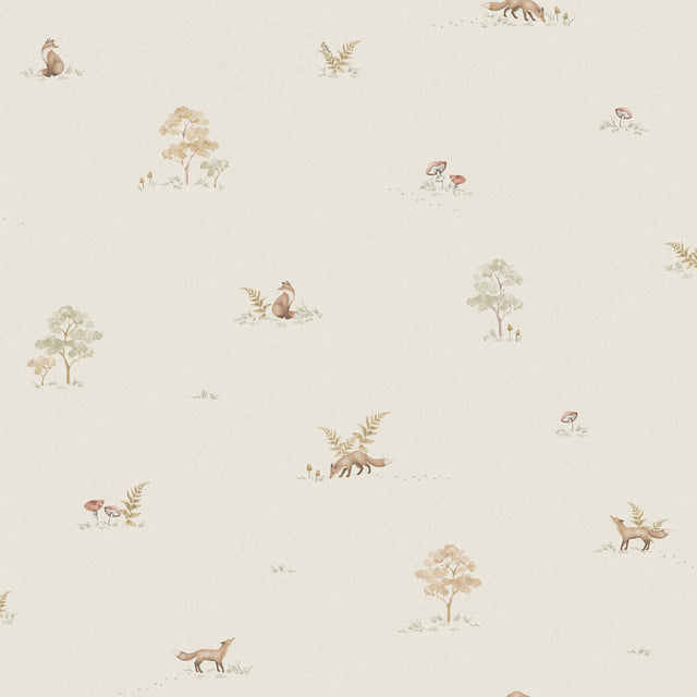 Little Fox wallpaper by Boråstapeter for Schumacher, featuring soft neutral forest vignettes and foxes, perfect for children's rooms.