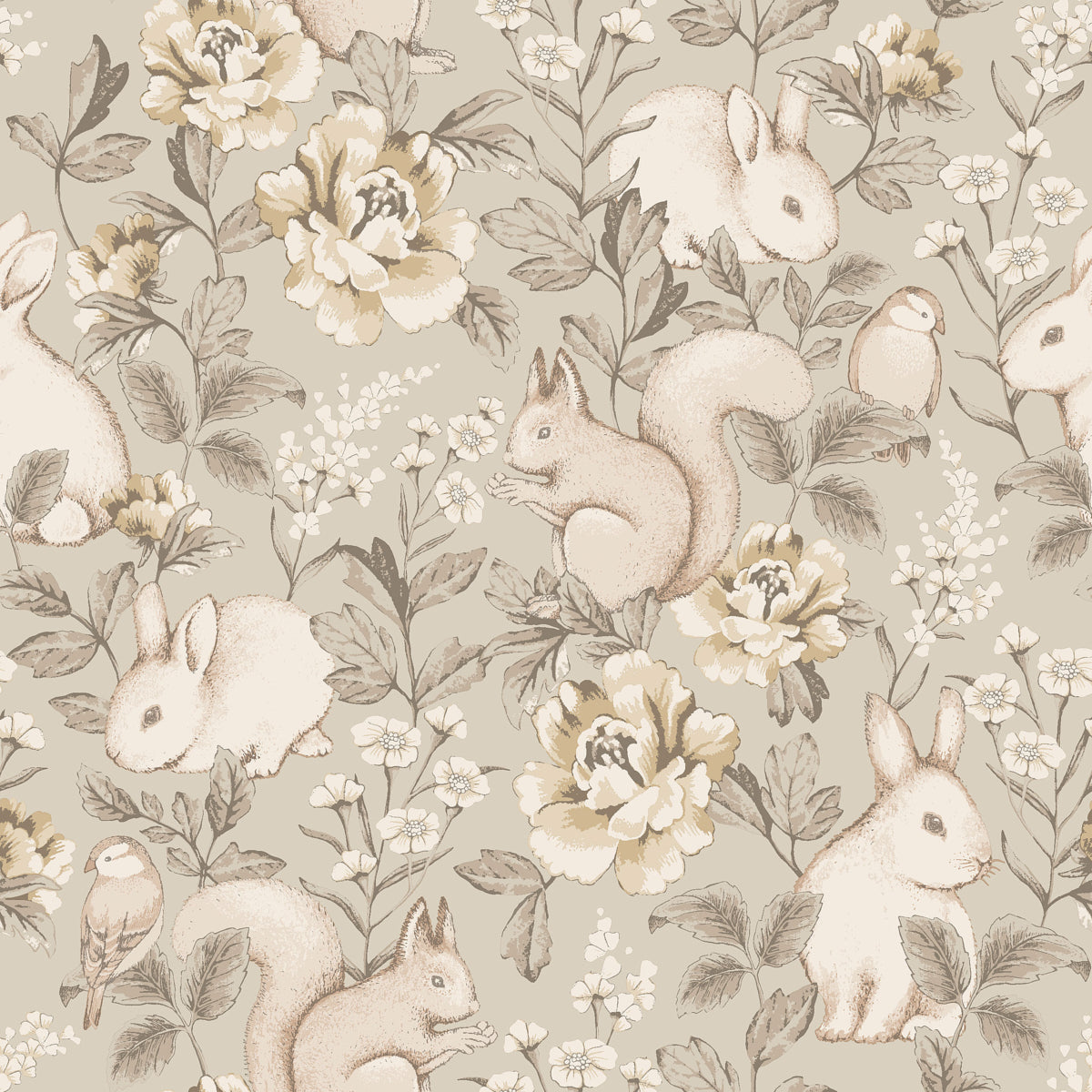 Magic Forest wallpaper in taupe with whimsical woodland animals and florals by Boråstapeter for Schumacher