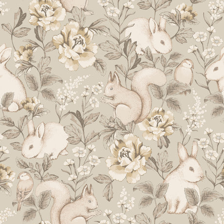 Magic Forest wallpaper in taupe with whimsical woodland animals and florals by Boråstapeter for Schumacher