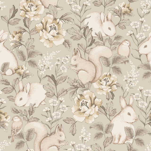 Magic Forest wallpaper in taupe with whimsical woodland animals and florals by Boråstapeter for Schumacher
