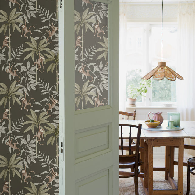 Jungle Friends Pewter Green by Boråstapeter Playful Monkeys Tropical Wallpaper – Schumacher 6935