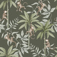 Jungle Friends wallpaper by Boråstapeter for Schumacher, featuring playful monkeys and tropical foliage in pewter green.
