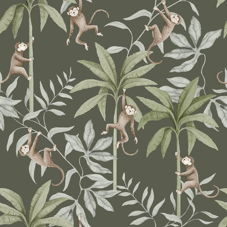 Jungle Friends wallpaper by Boråstapeter for Schumacher, featuring playful monkeys and tropical foliage in pewter green.