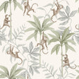 Jungle Friends wallpaper by Boråstapeter for Schumacher featuring playful monkeys and tropical foliage in cocoa and sage.