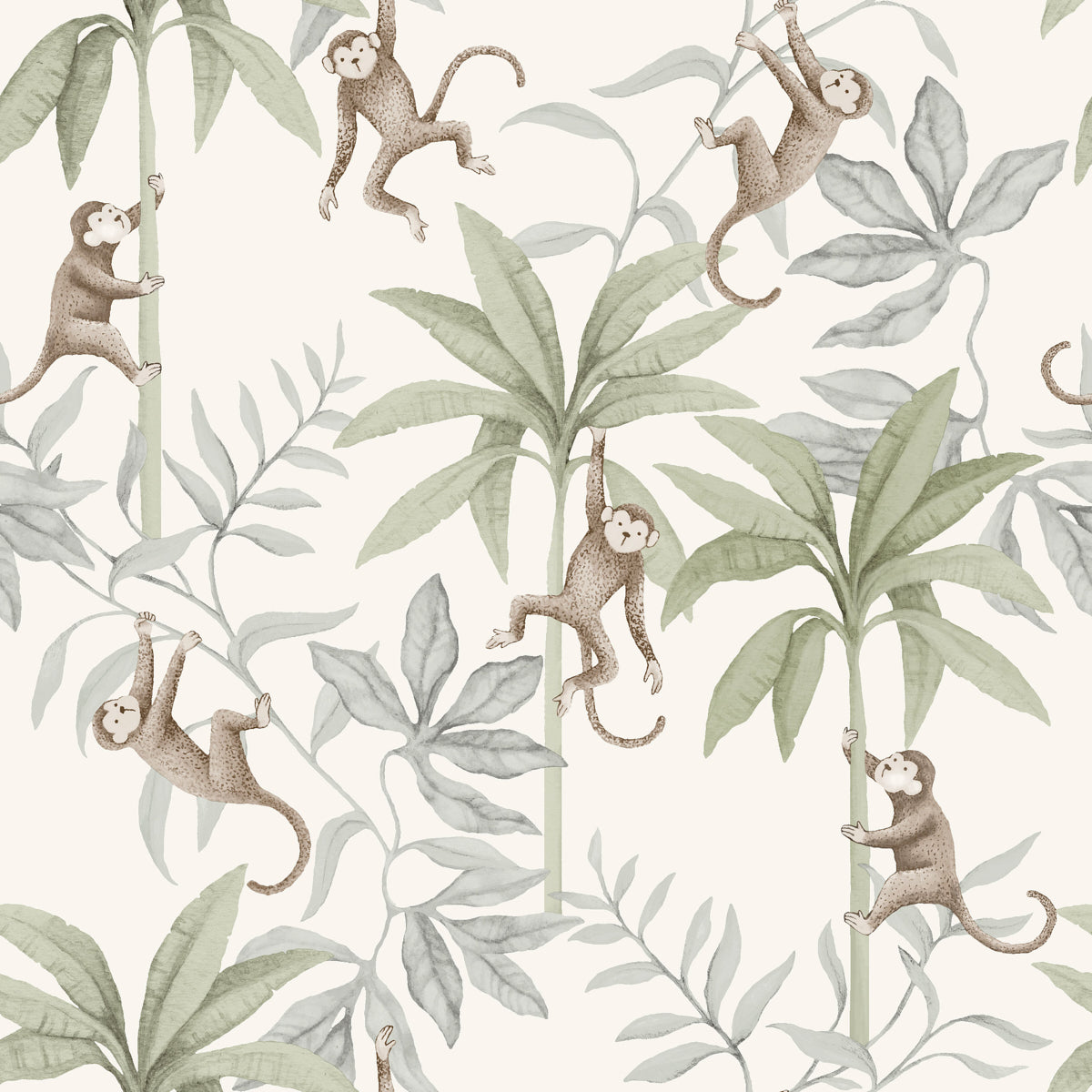 Jungle Friends wallpaper by Boråstapeter for Schumacher featuring playful monkeys and tropical foliage in cocoa and sage.