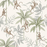 Jungle Friends wallpaper by Boråstapeter for Schumacher featuring playful monkeys and tropical foliage in cocoa and sage.