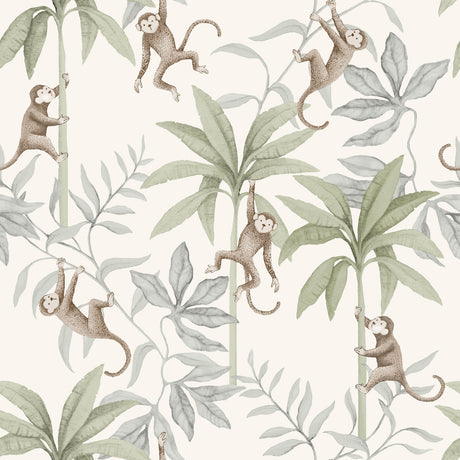 Jungle Friends wallpaper by Boråstapeter for Schumacher featuring playful monkeys and tropical foliage in cocoa and sage.