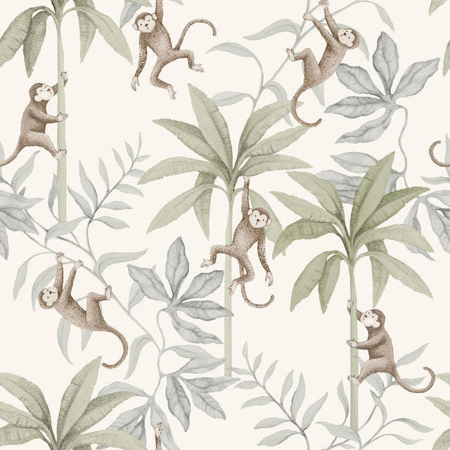 Jungle Friends wallpaper by Boråstapeter for Schumacher featuring playful monkeys and tropical foliage in cocoa and sage.