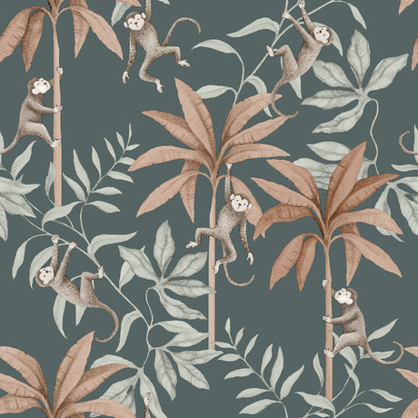 Jungle Friends wallpaper by Boråstapeter for Schumacher featuring playful monkeys and tropical foliage on a midnight blue background.