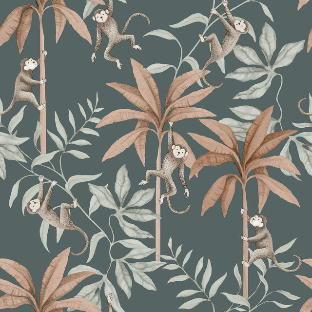 Jungle Friends wallpaper by Boråstapeter for Schumacher featuring playful monkeys and tropical foliage on a midnight blue background.