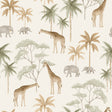 Savannah wallpaper by Boråstapeter for Schumacher featuring hand-painted elephants, giraffes, and palm trees in soft neutral tones.