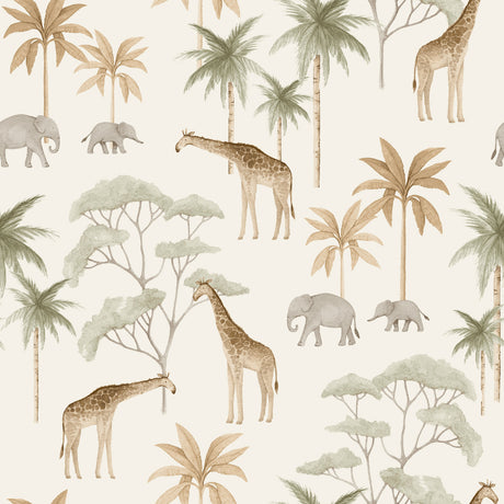 Savannah wallpaper by Boråstapeter for Schumacher featuring hand-painted elephants, giraffes, and palm trees in soft neutral tones.