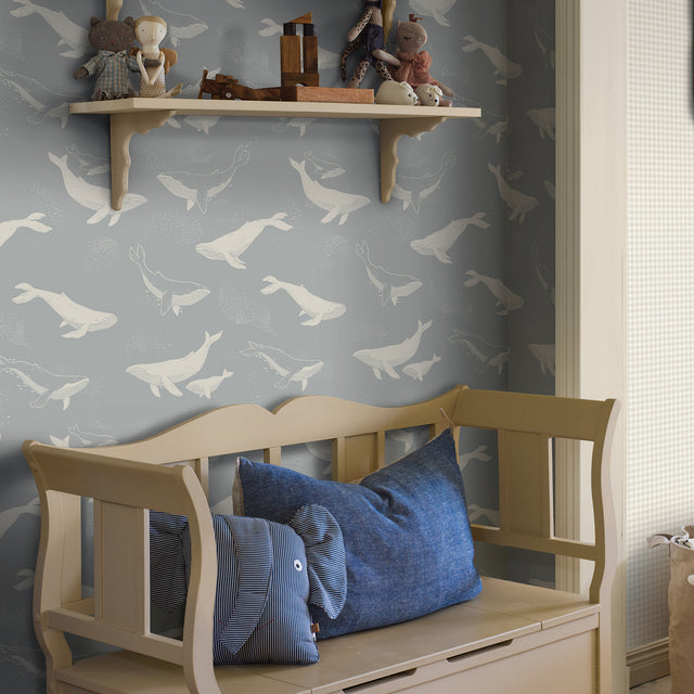 Whales Slate by Boråstapeter Playful Contemporary Ocean Wallpaper – Schumacher 6942